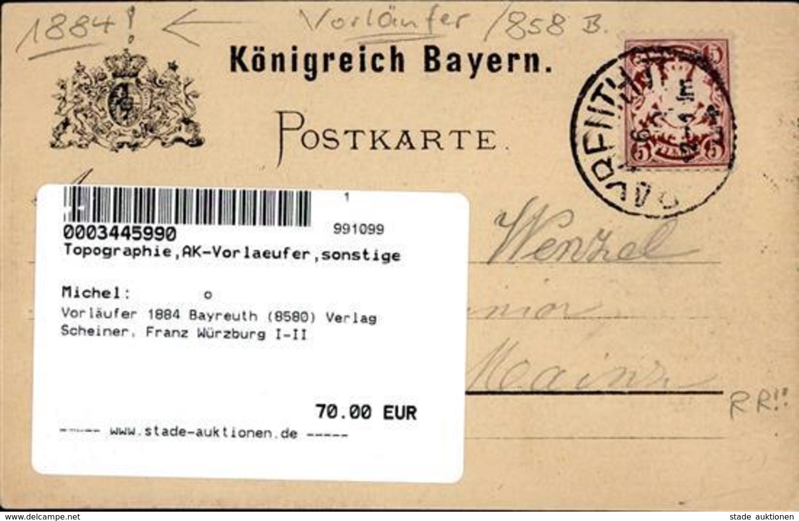 Vorläufer 1884 Bayreuth (8580) Verlag Scheiner, Franz Würzburg I-II - Sonstige & Ohne Zuordnung