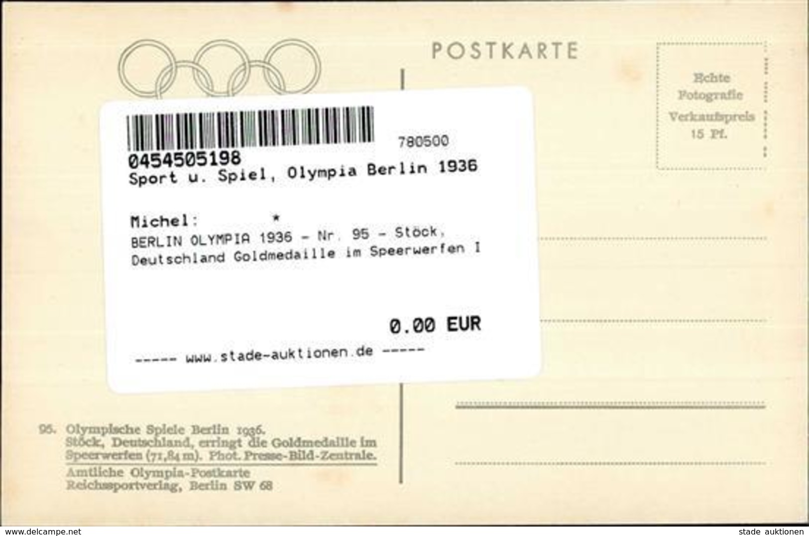 BERLIN OLYMPIA 1936 - Nr. 95 - Stöck,Deutschland Goldmedaille Im Speerwerfen I - Olympische Spiele