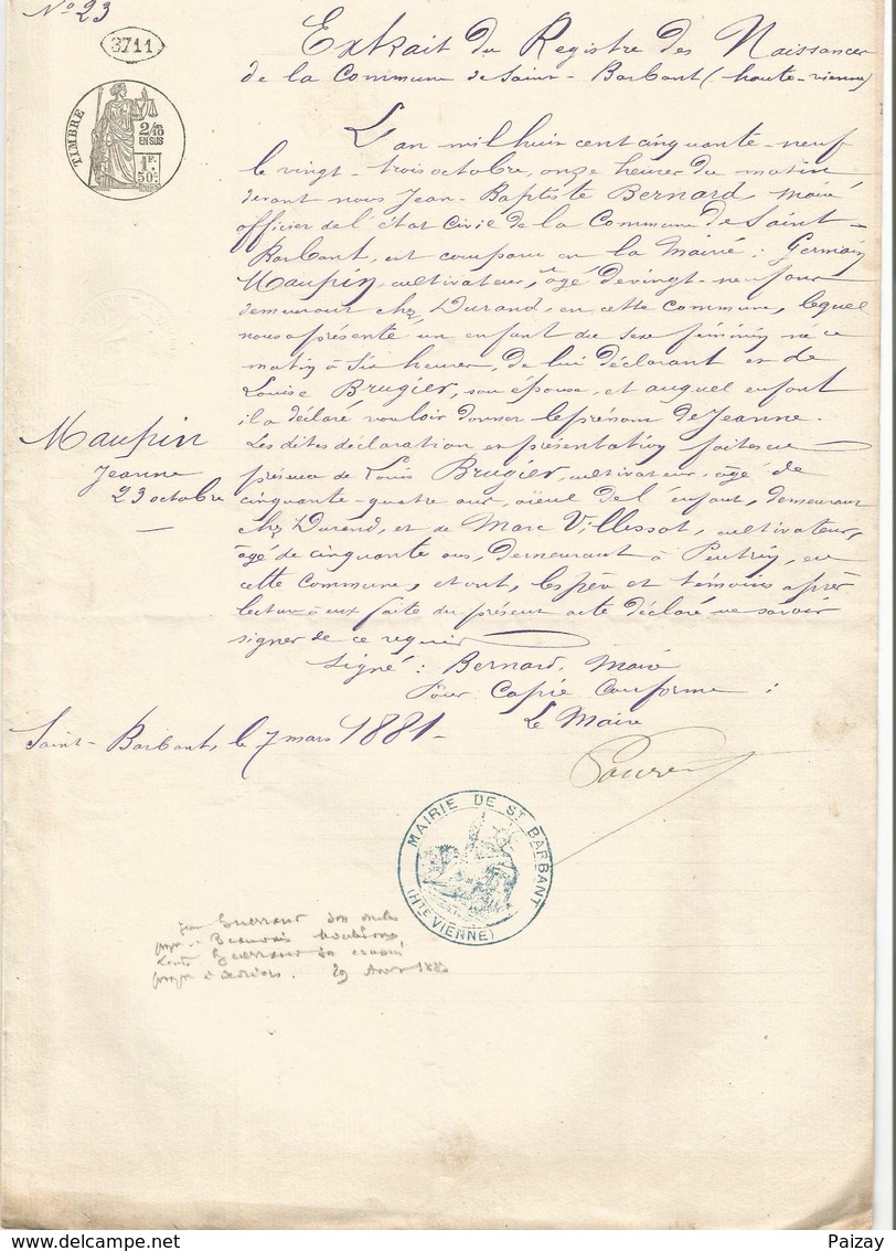 Certificat Ancien 1859 Naissance Maupin Jeanne Louise Brigier Saint Barbant Haute Vienne - Documents Historiques