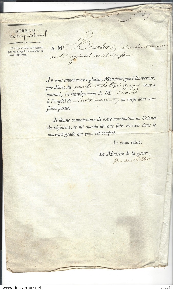 DE BOURLON ( De Moncey )  Nominations  1809 - 1813 ( Empire ) Sign. Autographe De Feltre , Alexandre - Berthier - Otros & Sin Clasificación