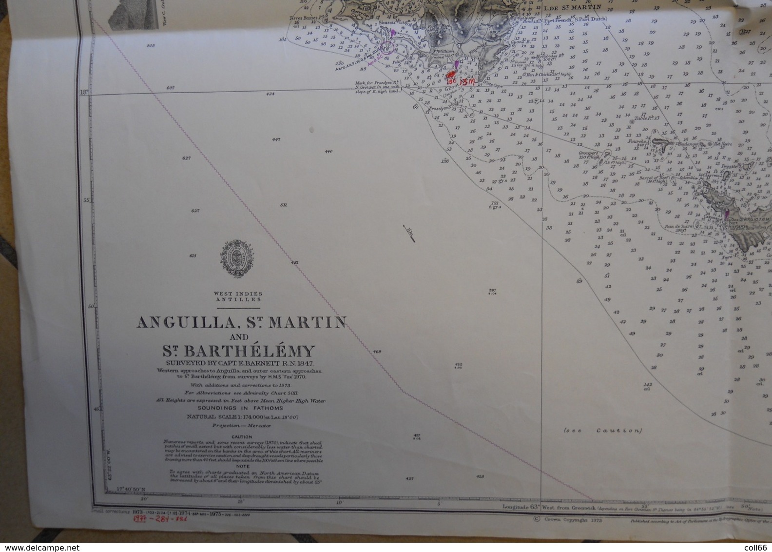 Carte Marine  Caraïbes Iles Anguilla St Martin Et St Barthelemy 1973-77 West Indies Antilles Sea Map 52x70 Cms - Zeekaarten