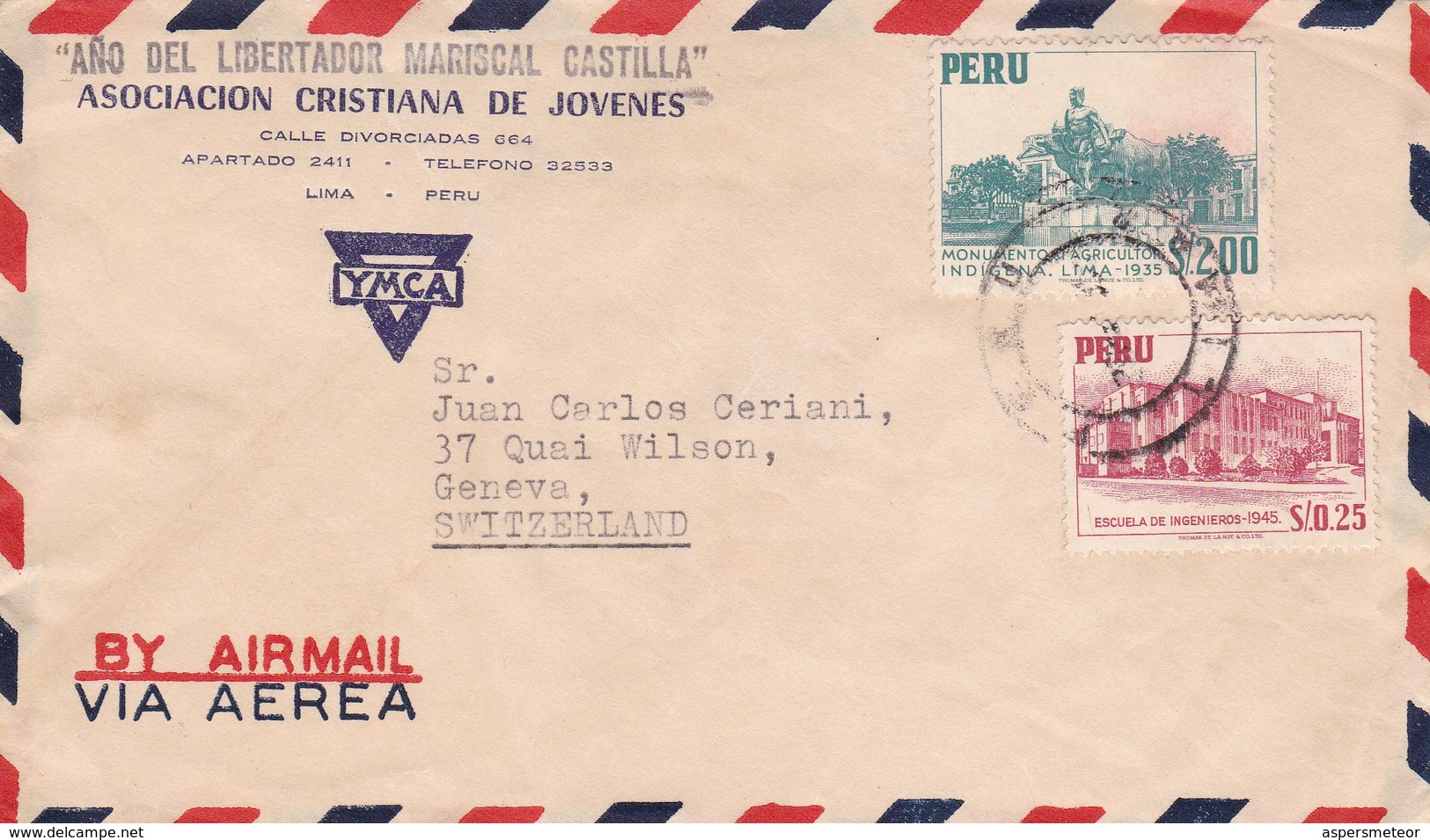PERU - COMMERCIAL COVER "ASOCIACION CRISTIANA DE JOVENES", CIRCULATED FROM LIMA TO GENEVA, SWITZERLAND CIRCA 1945 -LILHU - Perú