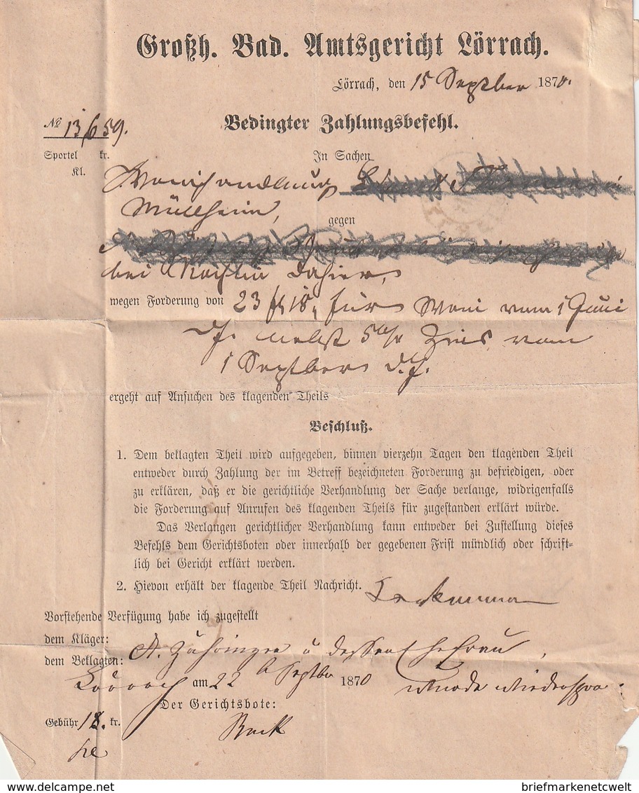 Baden / 1868 / Mi. 23 Und 24 Zusammen Auf Brief (Bedingter Zahlungsbefehl) K2 LOERRACH (3153) - Sonstige & Ohne Zuordnung