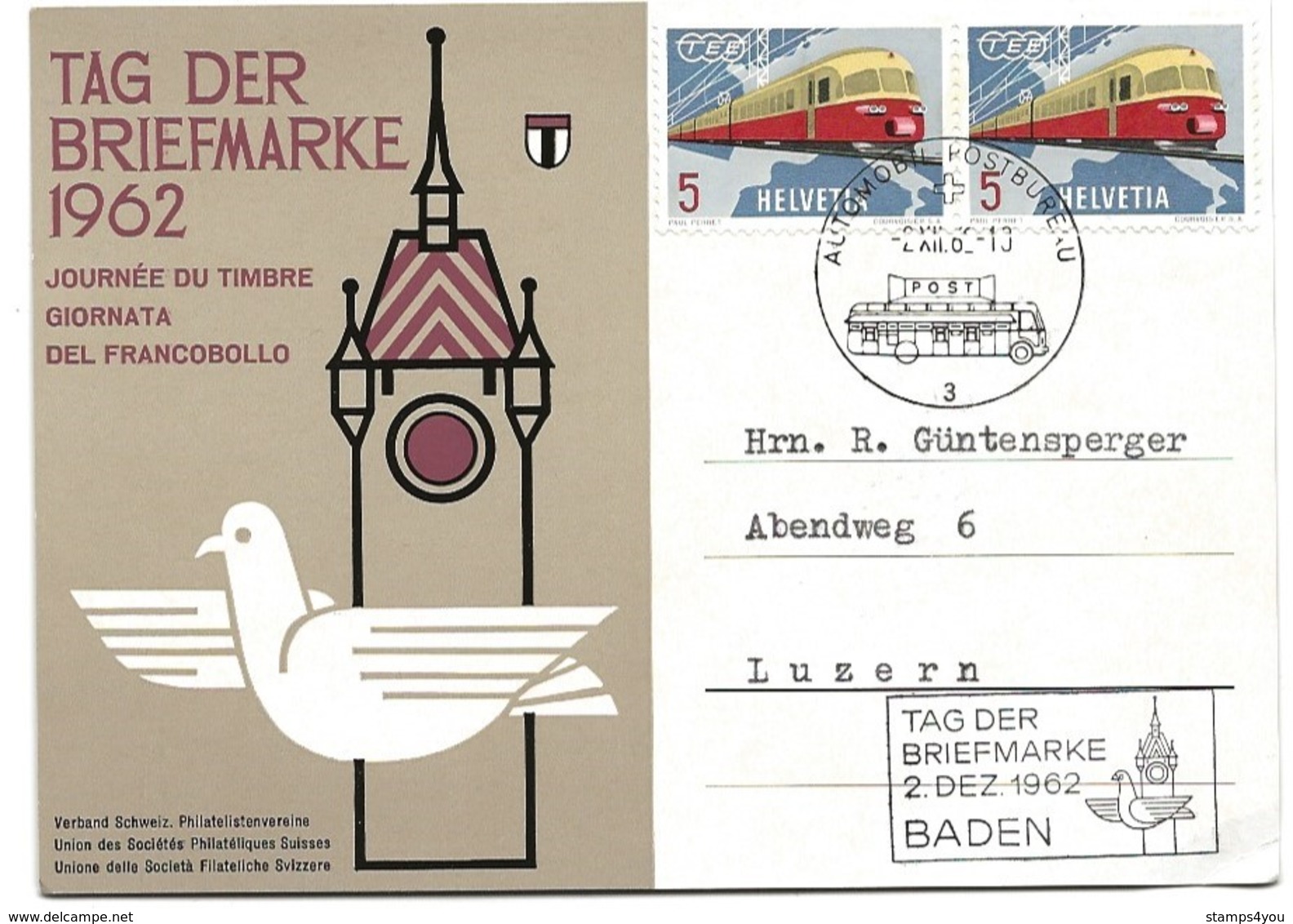 112 - 13 - Carte Journée Du Timbre 1962 Baden Avec Très Rare Oblitéeration Poste Automobile - Storia Postale
