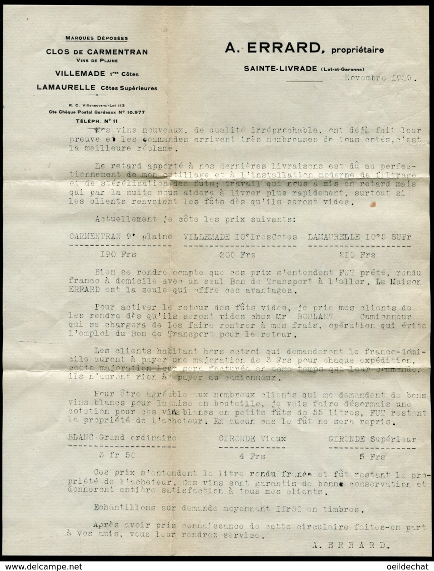 16117 FRANCE  Préo.43° Vins A.Errard Propriétaire à Sainte-Livrade   1927   B/TB - 1893-1947