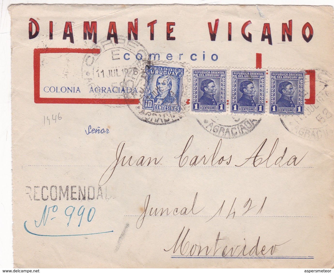 URUGUAY - "DIAMANTE VIGANO" COMMERCIAL COVER CIRCULATED FROM AGRACIADA TO MONTEVIDEO IN 1976, REGISTERED -LILHU - Uruguay