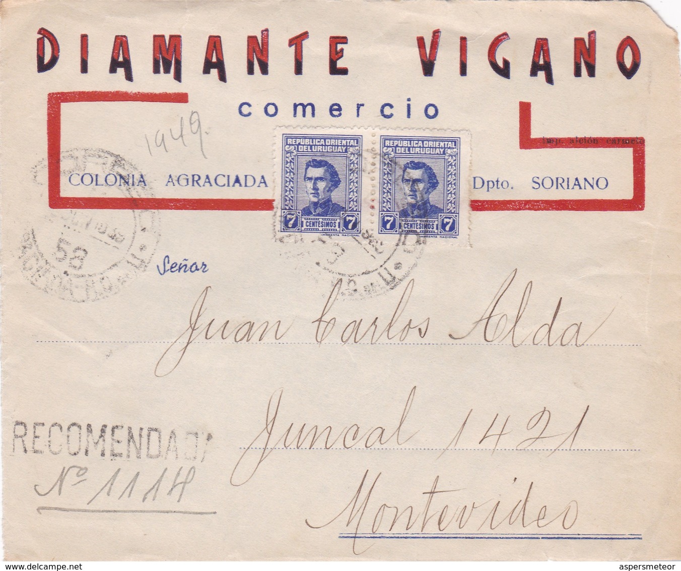 URUGUAY - "DIAMANTE VIGANO" COMMERCIAL COVER CIRCULATED FROM AGRACIADA TO MONTEVIDEO IN 1958, REGISTERED -LILHU - Uruguay