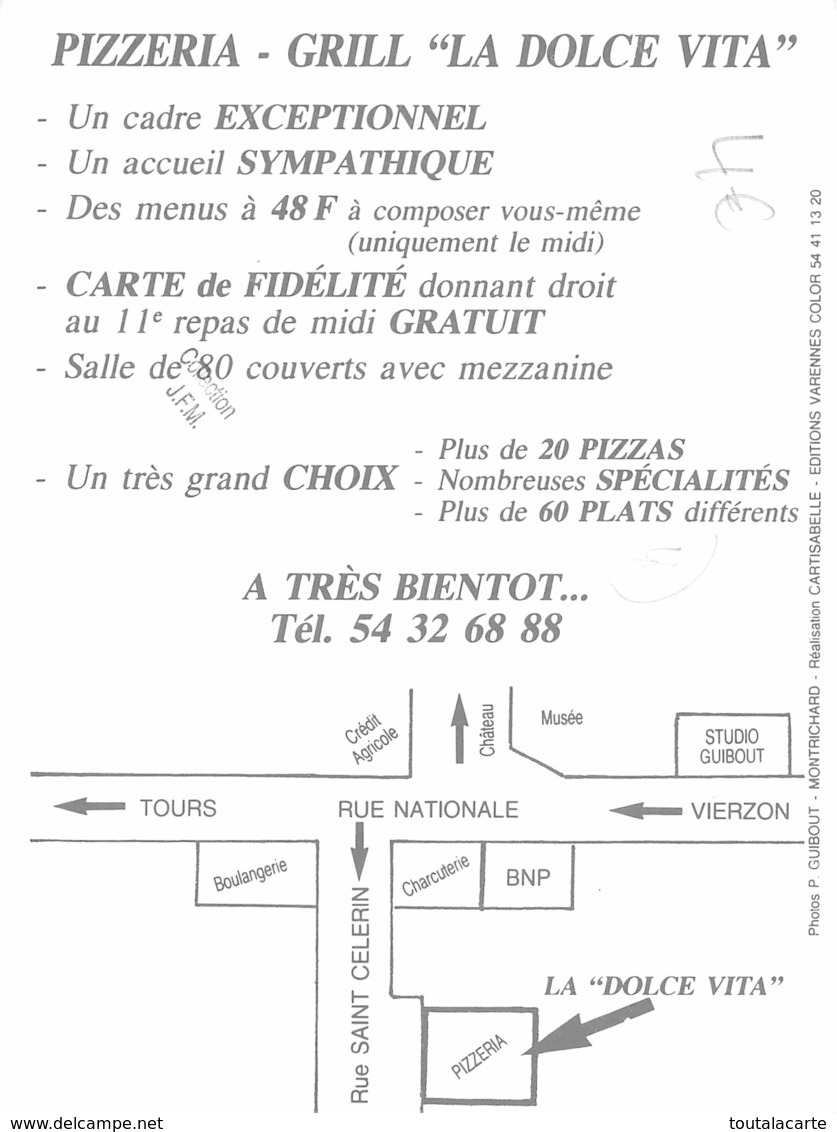 CARTE 41 MONTRICHARD  LA DOLCE VITA PIZZERIA  Grand Format  15 X 10,5 Cm - Montrichard