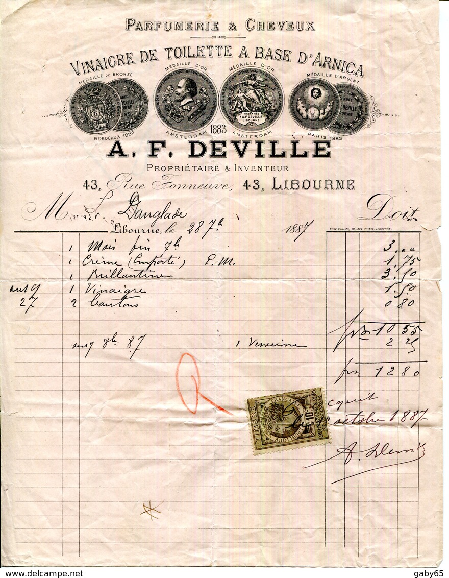 33.LIBOURNE.PARFUMERIE & CHEVEAUX.VINAIGRE DE TOILETTE A BASE D'ARNICA.A.F.DEVILLE 43 RUE FONNEUVE. - Chemist's (drugstore) & Perfumery