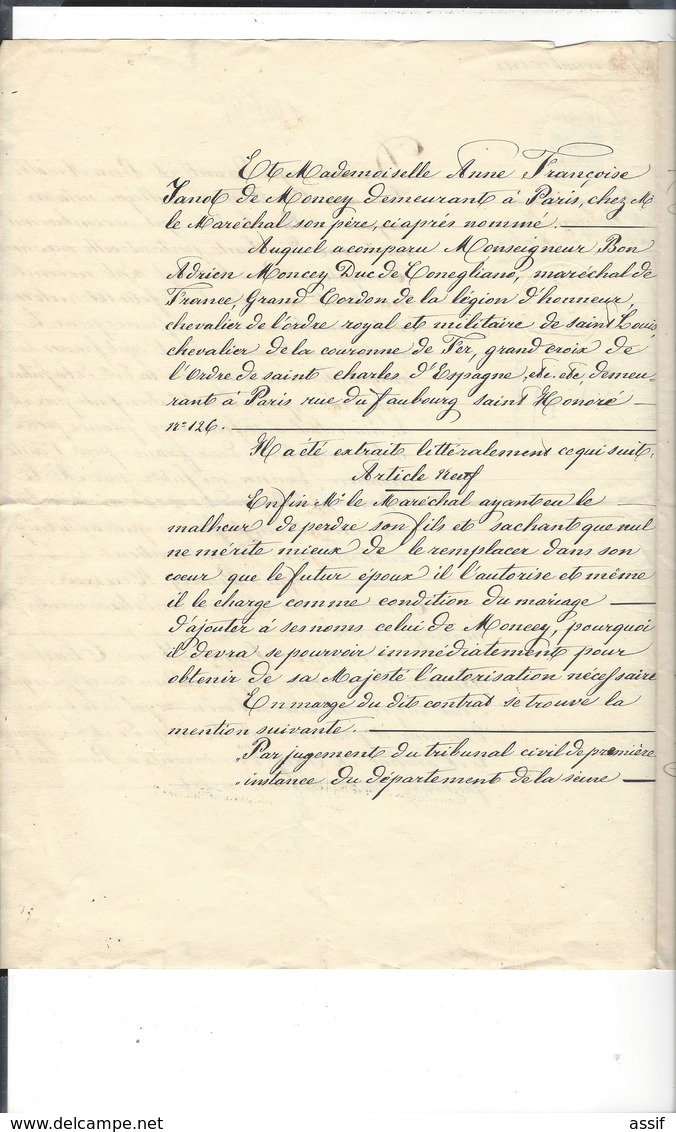 CONTRAT DE MARIAGE 1818 Bourlon De Chevigné  - Melle De Moncey ( Extrait 1865 Portant Sur L'ajout Du Nom Moncey ) - Otros & Sin Clasificación