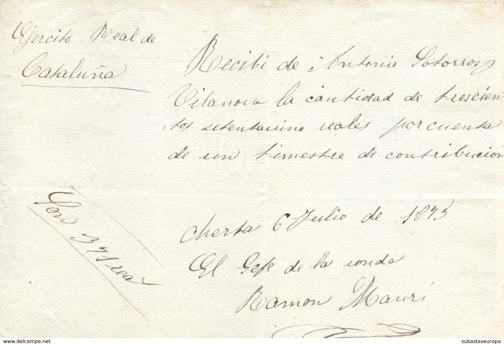 1875. 3ª Guerra Carlista. Recibo Manuscrito "Ejército Real De Cataluña - Contribución Carlista". Rarísimo. - Carlisten