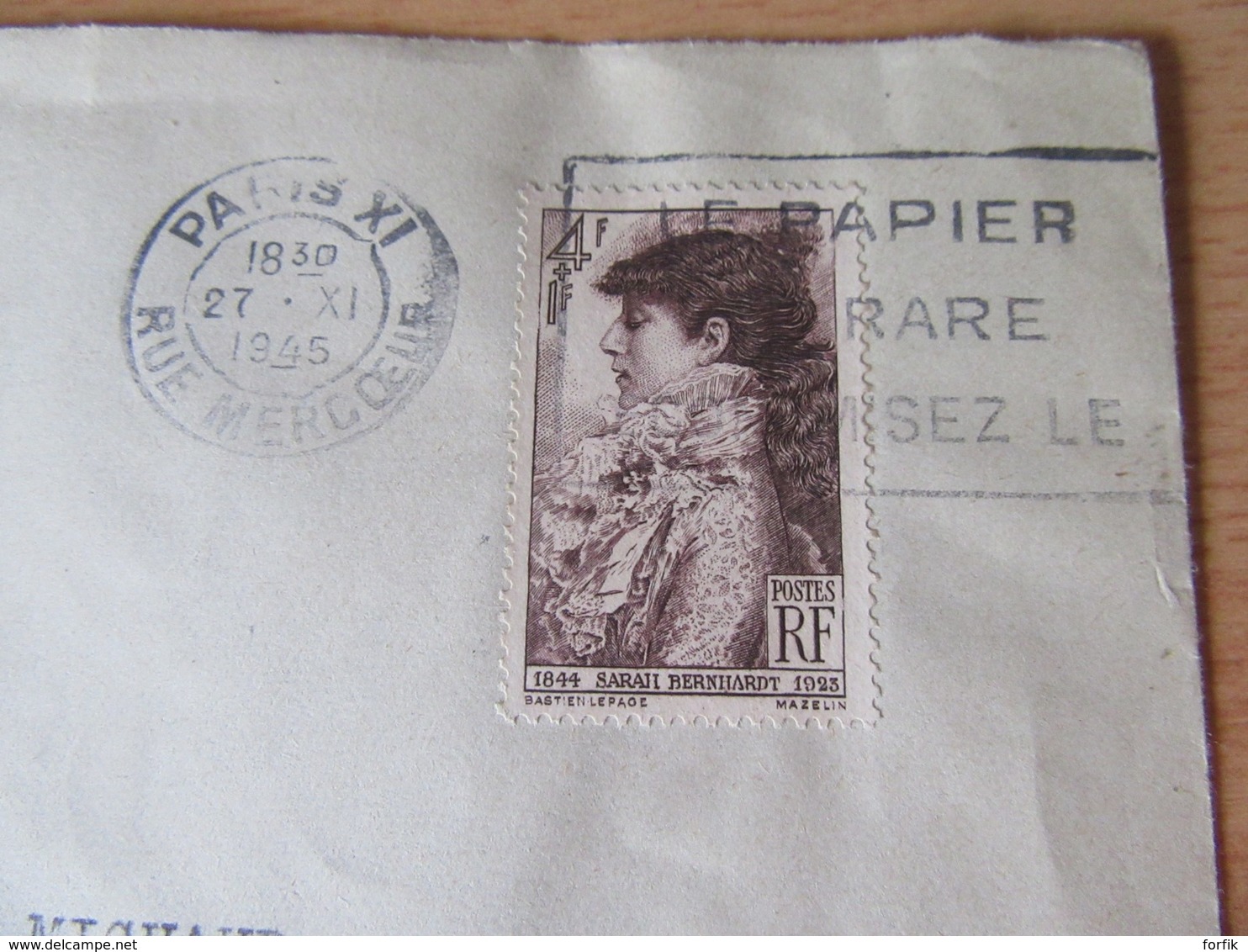 Enveloppe Avec Timbre Sarah Bernhardt YT N°738 - Circulée Le 27 Novembre 1945 - Flamme "Le Papier Est Rare" - Lettres & Documents