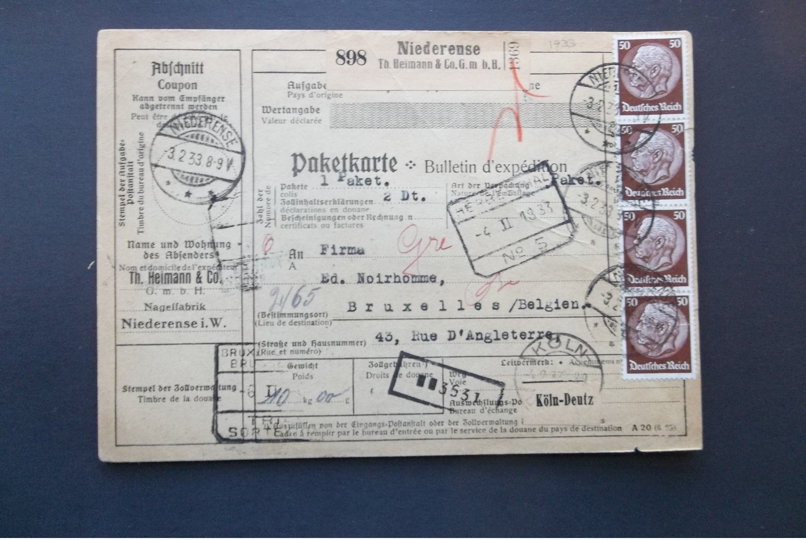 Deutsches Reich: 1933 Card To Belgien (#MW3) - Briefe U. Dokumente