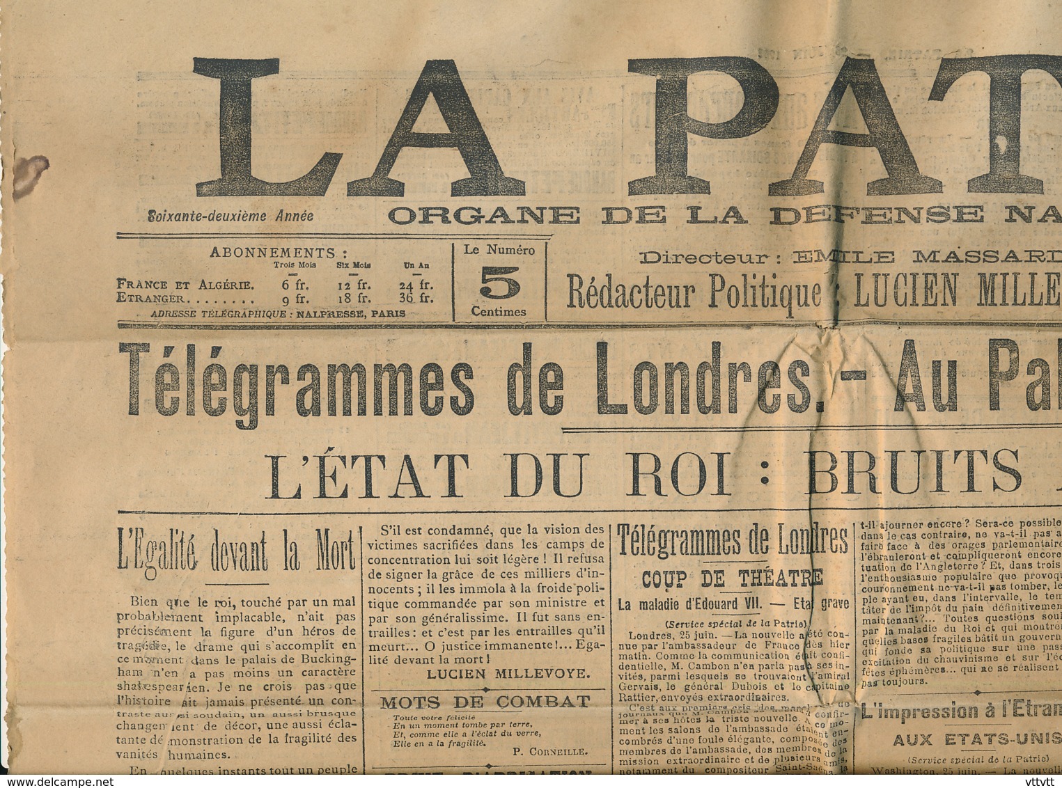 LA PATRIE (Jeudi 26 Juin 1902), Londres, Palais De Buckingham, L'état Du Roi Edouard VII, Bruits Alarmants, Croquis... - Testi Generali