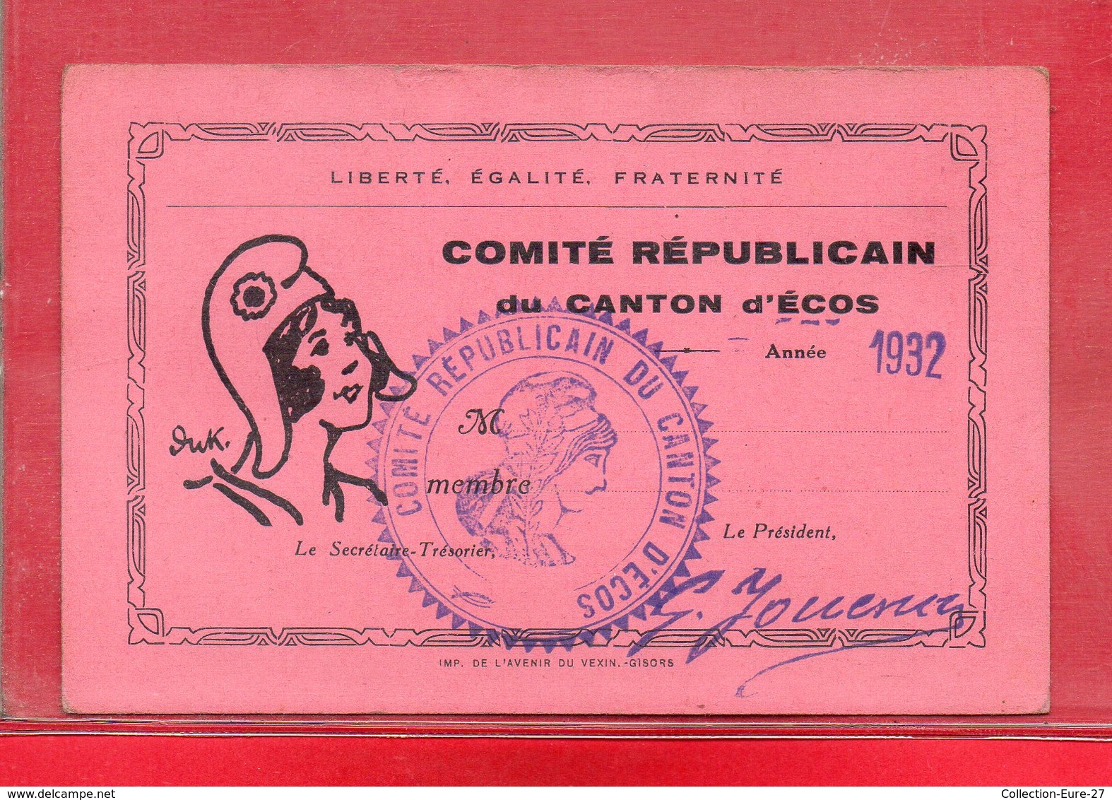 27-CARTE COMITE REPUBLICAIN DU CANTON D'ECOS - 1932 - Sonstige & Ohne Zuordnung