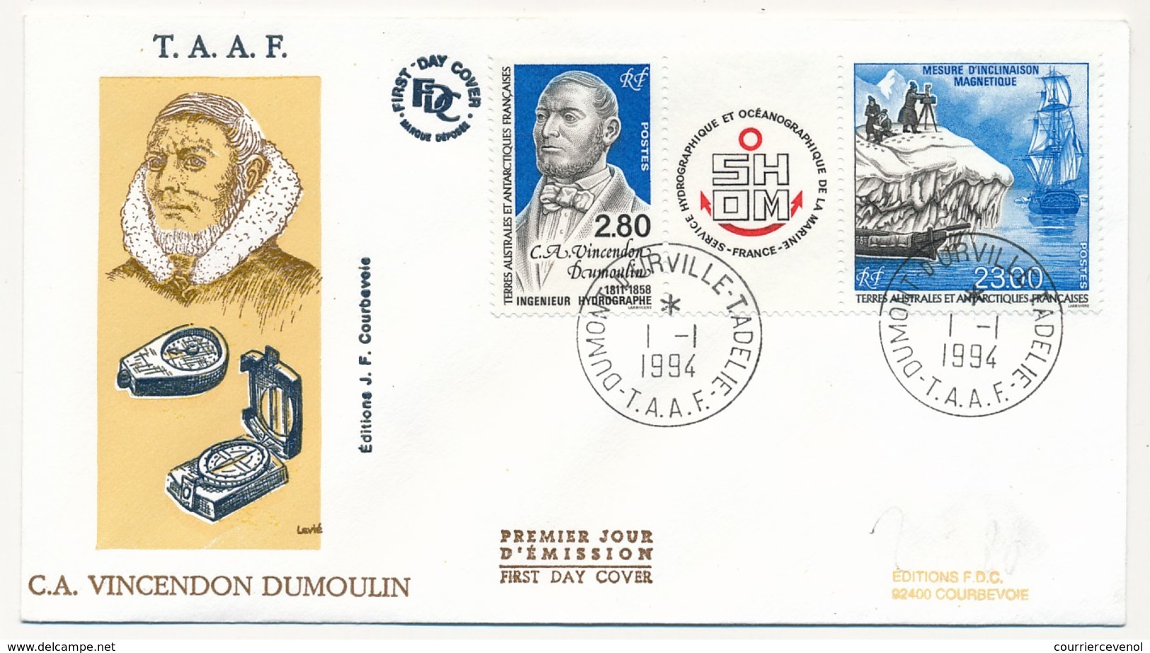 TAAF - Enveloppe FDC - 23 + 2,80 Vincendon Dumoulin - Dumont D'Urville Terre Adélie - 1-1-1994 - FDC