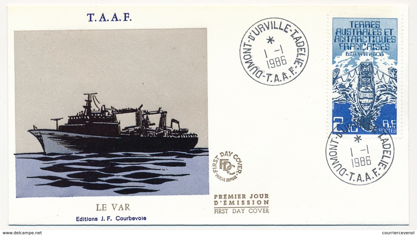 TAAF - Enveloppe FDC - 2,10 Bâtiment Var - Dumont D'Urville Terre Adélie - 1-1-1986 - FDC