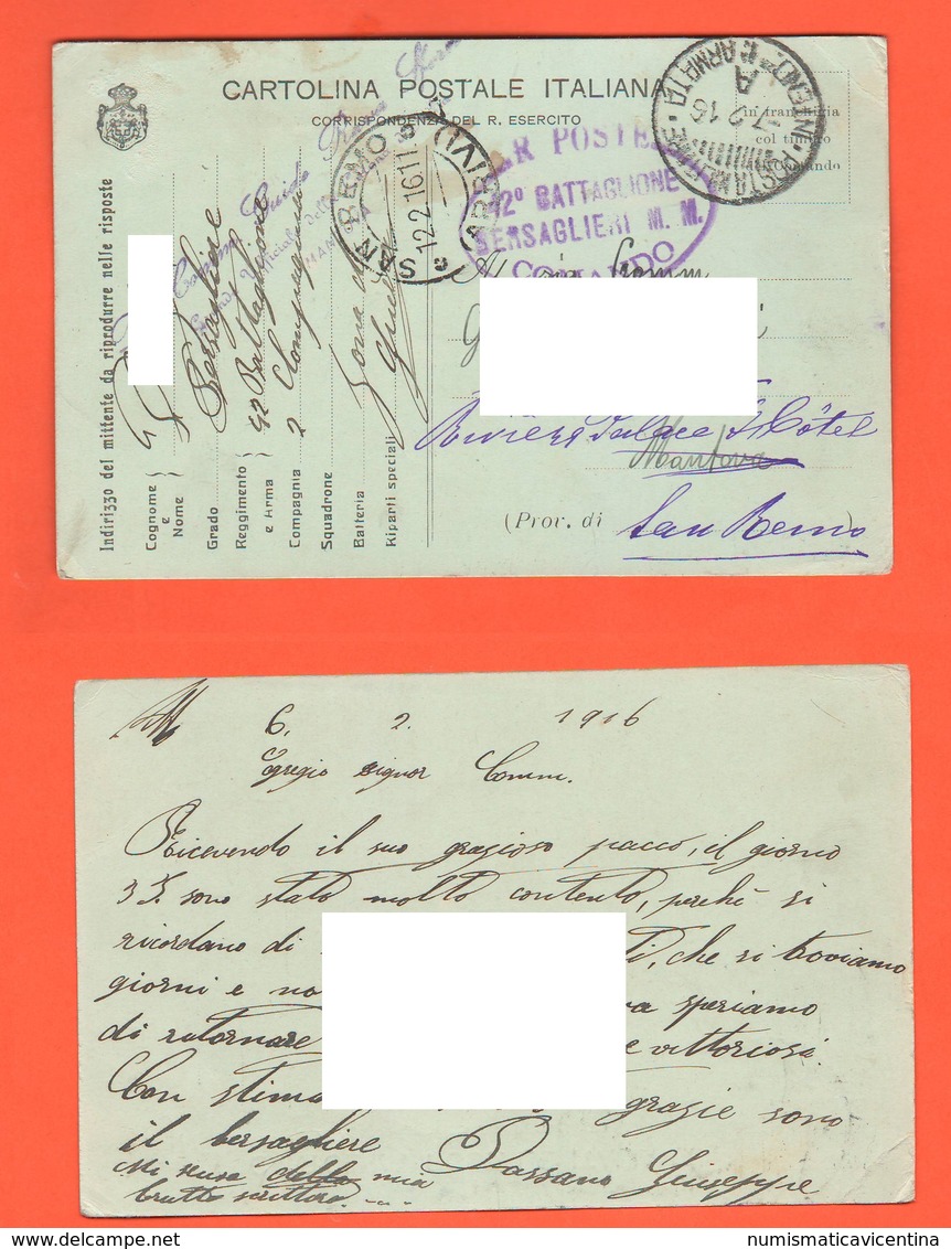 Posta Militare Da Bersagliere 42° Battaglione  Zona Di Guerra  X San Remo 1916 Cartolina Postale Ad Uso  FRANCHIGIA - Posta Militare (PM)