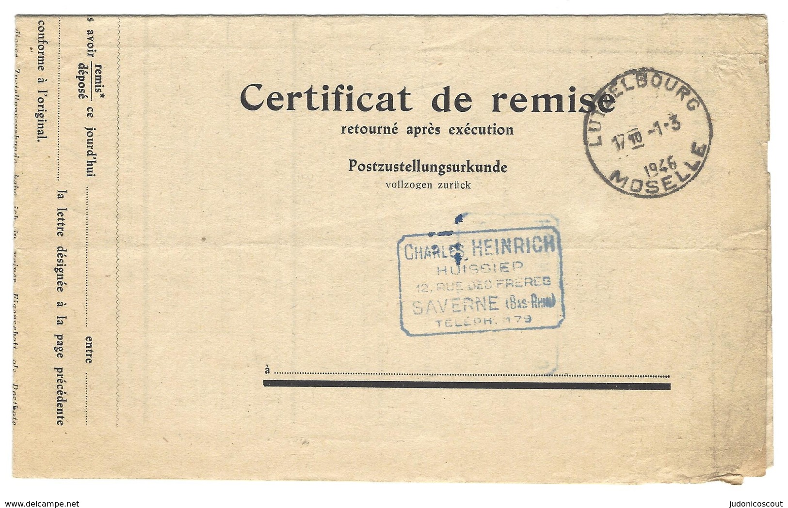 Autoplan / Horoplan LUTZELBOURG / MOSELLE Sur Certificat De Remise Après Exécution - Type 239 - 1.3.1946 - 1921-1960: Modern Period