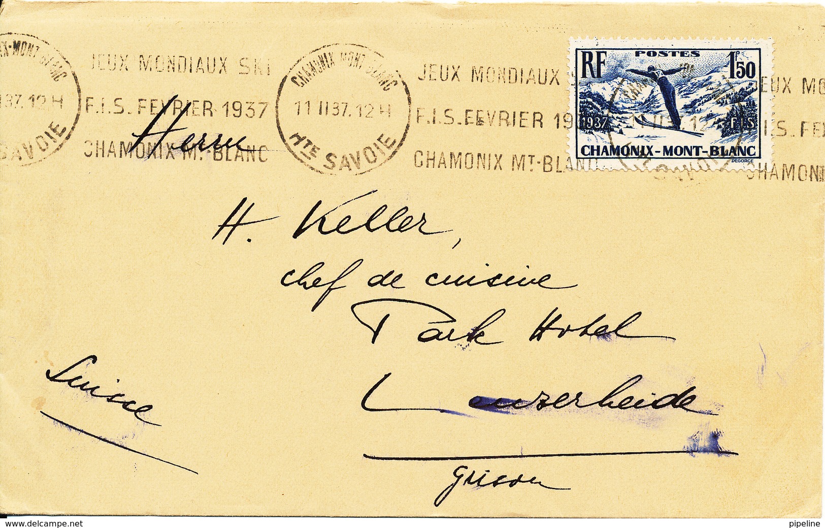 France Cover Sent To Switzerland 11-2-1937 Single Franked Jeux Mondiaux Ski F.I.S. Fevrier 1937 Chamonix Mt-Blanc - Covers & Documents