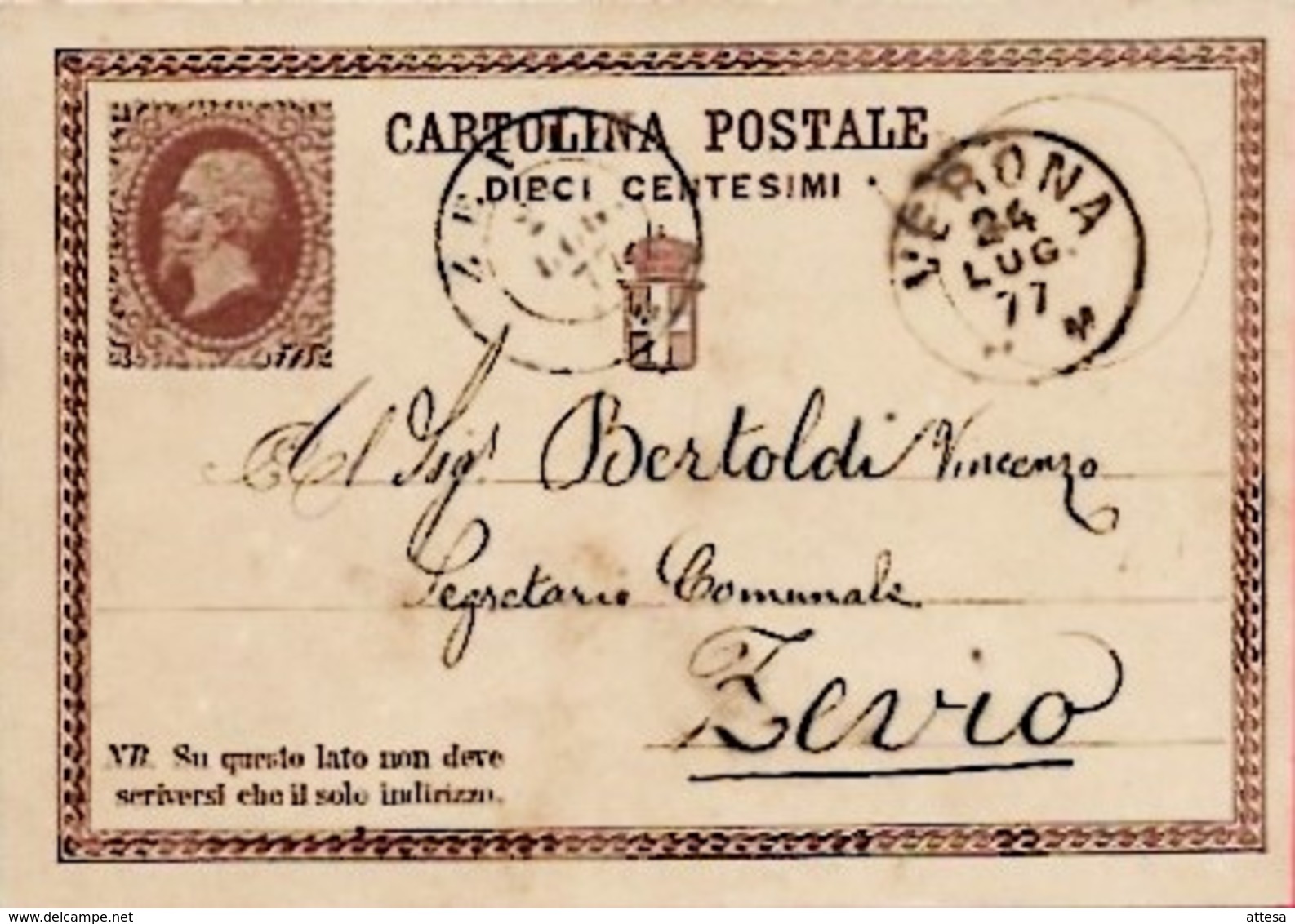 Intero C1 ; Verona 24-7-1877 Per Zevio - Entiers Postaux