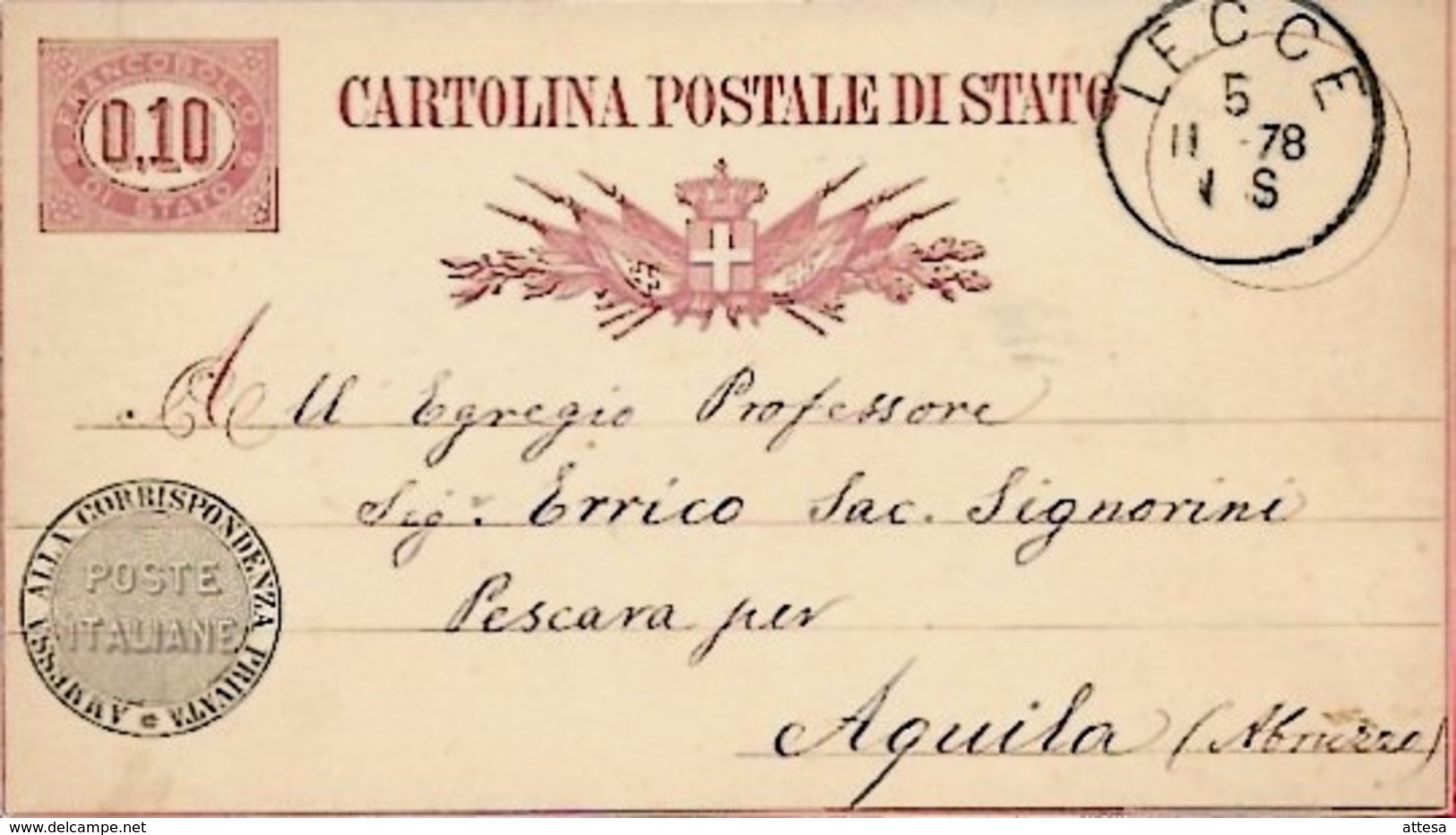 Intero C3 ; Lecce 5-11-1878 Per L'Aquila - Entiers Postaux