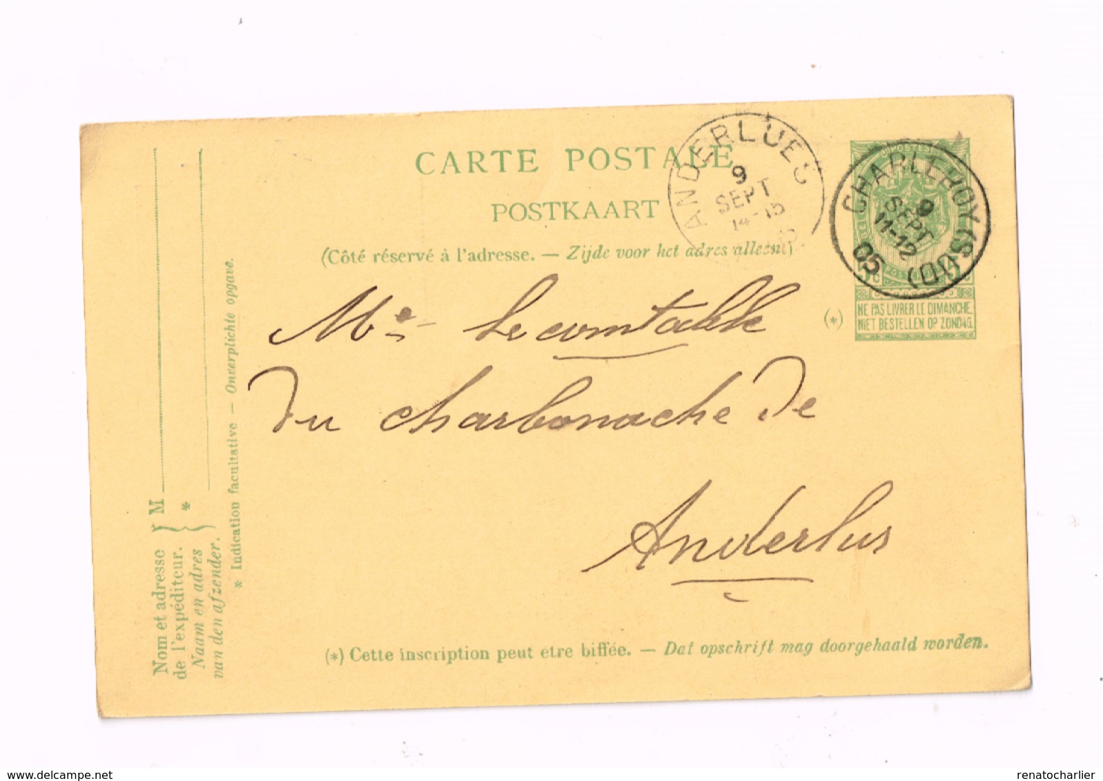Entier Postal à 5 Centimes.Expédié De Charleroi à Anderlues. "1830-1905" - Briefkaarten 1871-1909