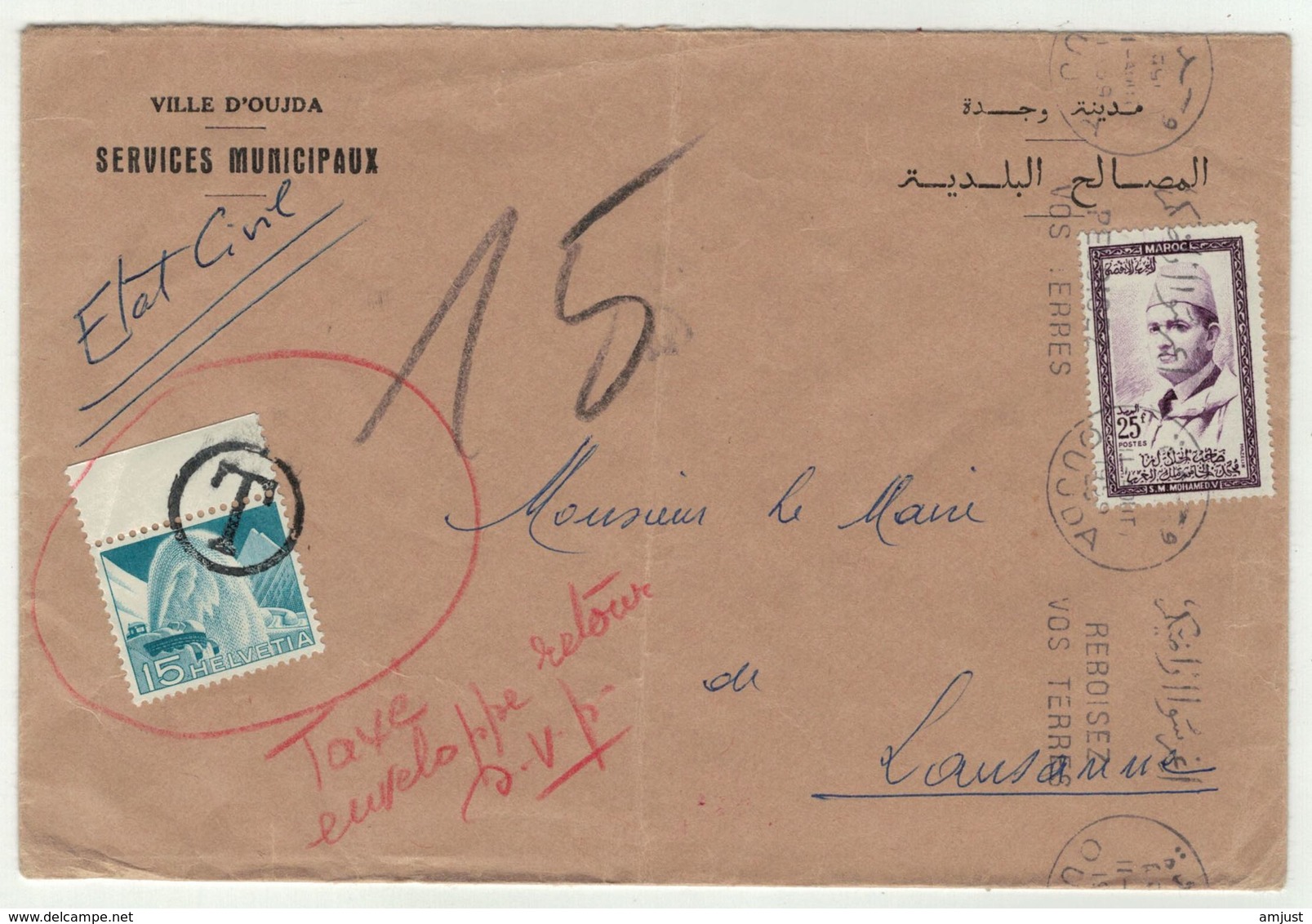 Maroc // Lettre Taxée De D'Oujda Pour La Suisse - Marruecos (1956-...)
