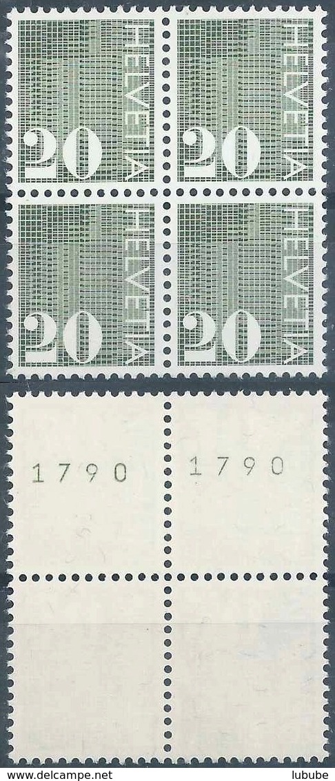 Ziffer 484RI, 20 Rp.grünoliv  (Viererblock Mit Kontrollnummern)         1970 - Rouleaux