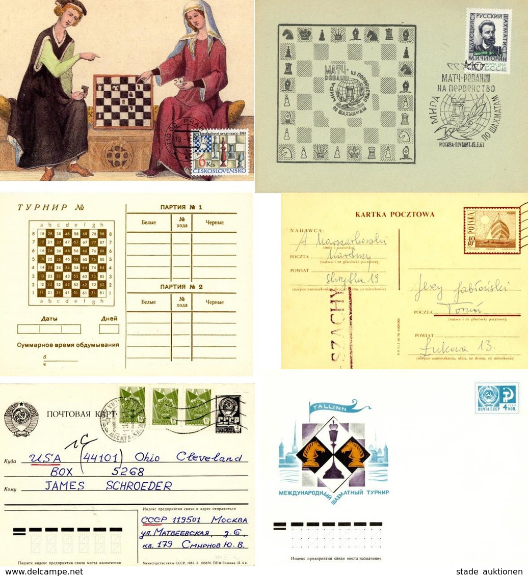 Schach, 1894/1988, Ca. 40 Briefe, Karten Und Ganzsachen Zum Thema Schach,  Dabei Schachkorrespondenz U.a. Russische Ganz - Schach