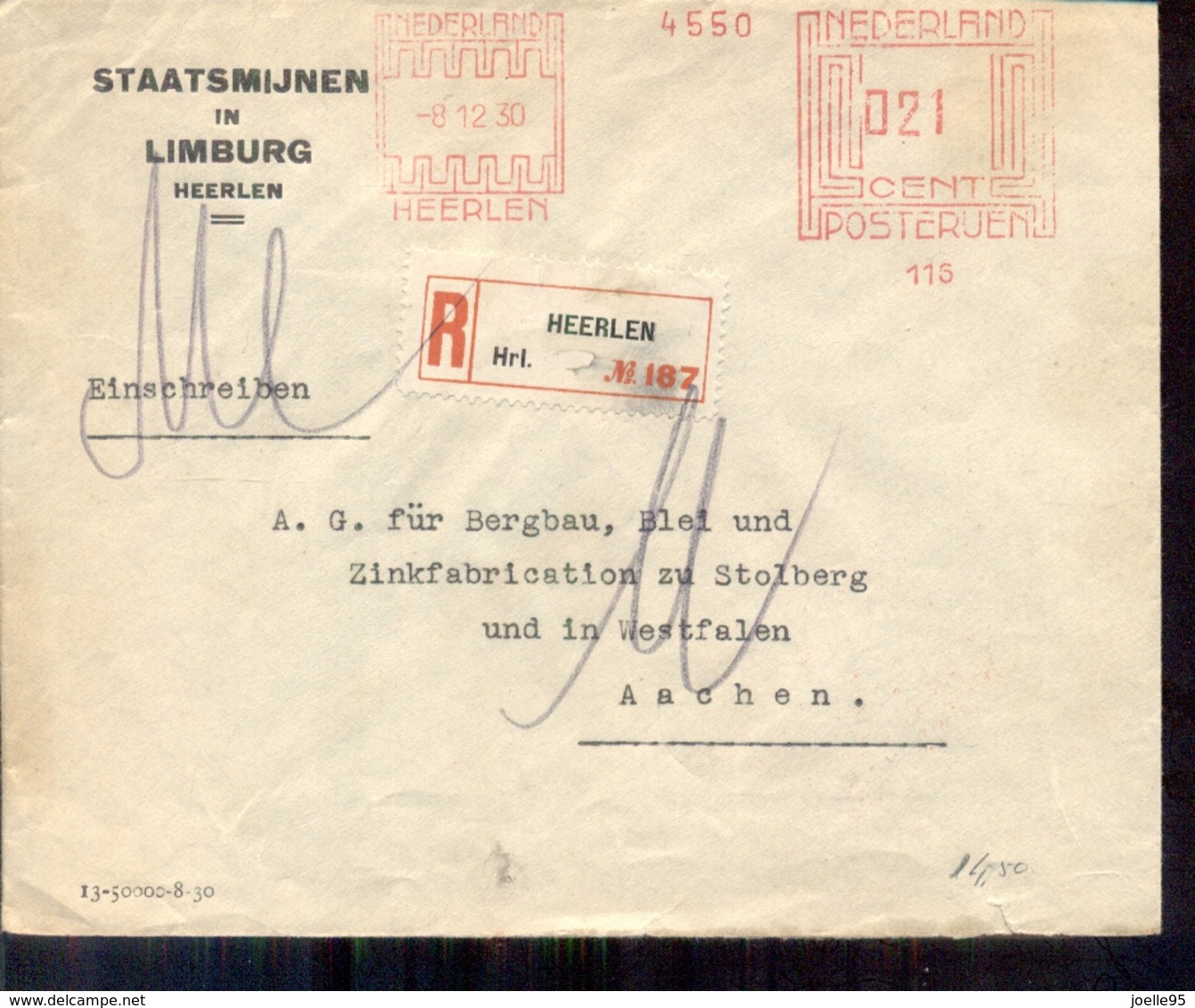 Heerlen Staatsmijnen - Aangetekend 1930 - Aken Hoofdkassier - Postal Stationery