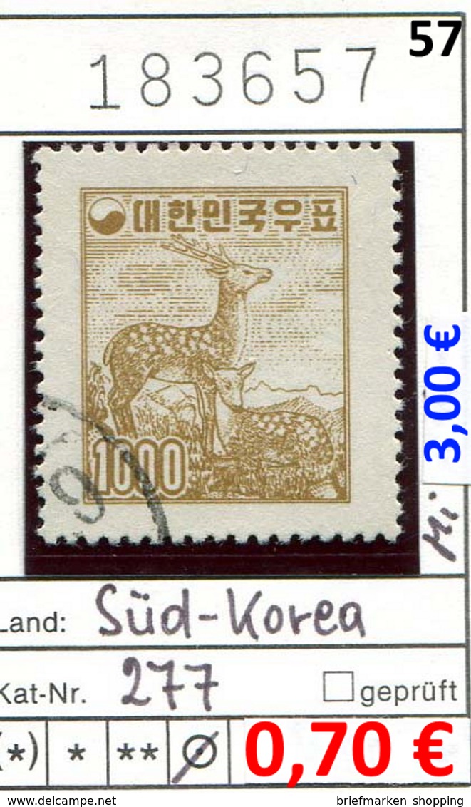 Südkorea 1957 - Süd-Korea 1957 - South Korea 1957 -  Michel 277 - Oo Oblit. Used Gebruikt - Hirsch Animals Animaux - Korea (Süd-)