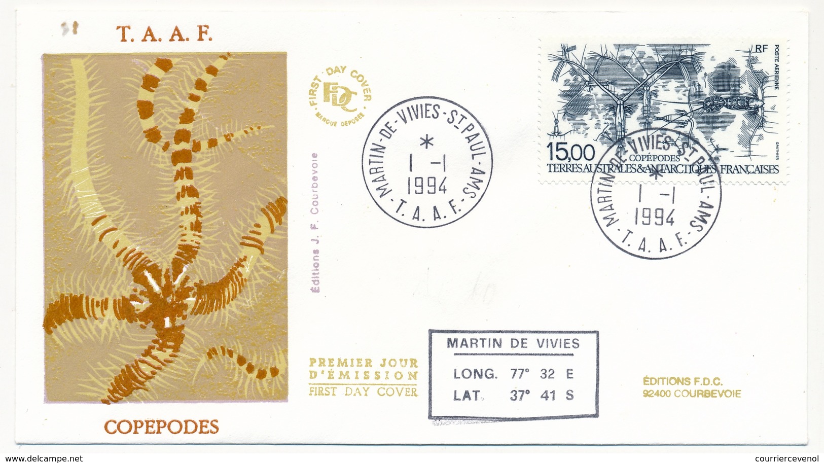 TAAF - Enveloppe FDC - 15,00 Copepodes - Martin De Vivies / St Paul Et Ams. - 1.1.1994 - FDC