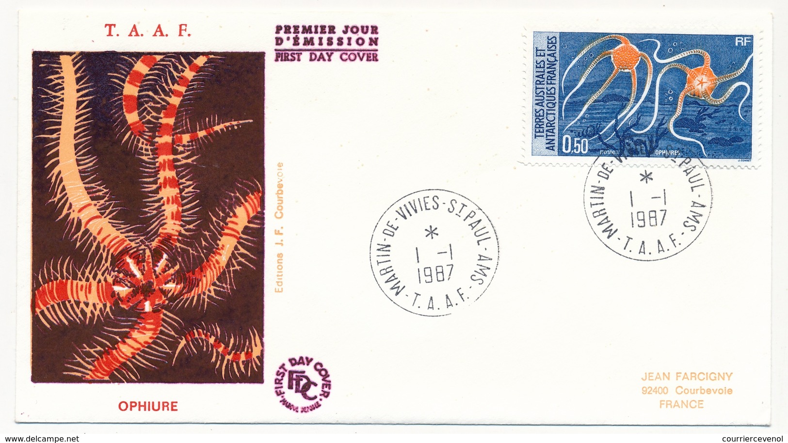 TAAF - Enveloppe FDC - 0,50 Ophiure - Martin De Vivies / St Paul Et Ams. - 1.1.1987 - FDC