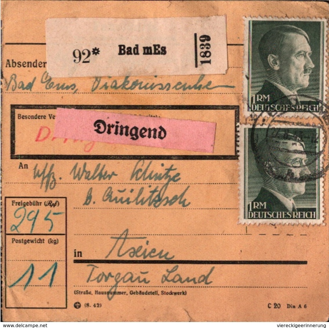 ! 1943 Paketkarte Mit Fehldruck Bad MEs, Deutsches Reich, Bad Ems - Storia Postale