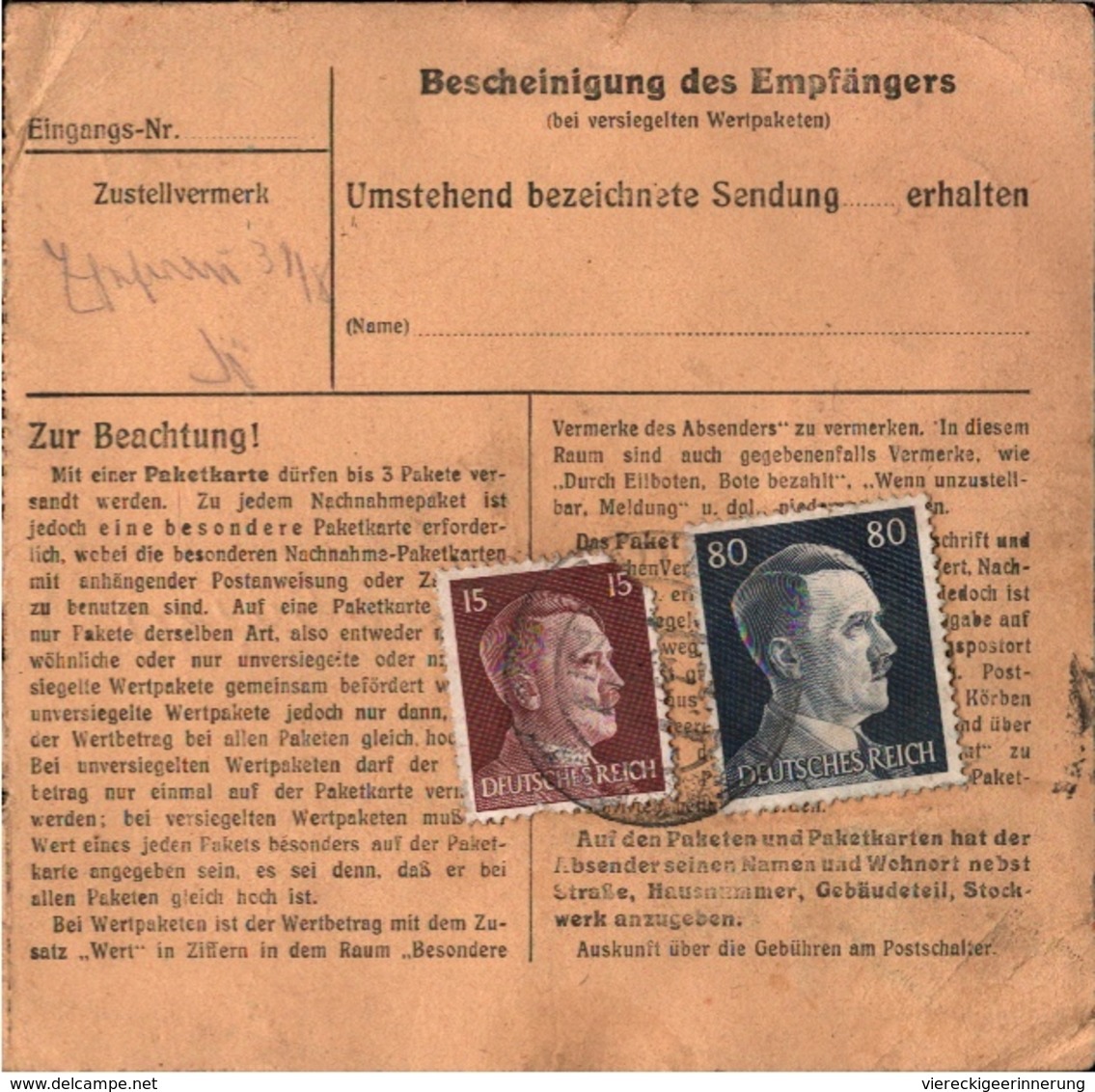! 1943 Paketkarte Mit Fehldruck Bad MEs, Deutsches Reich, Bad Ems - Storia Postale
