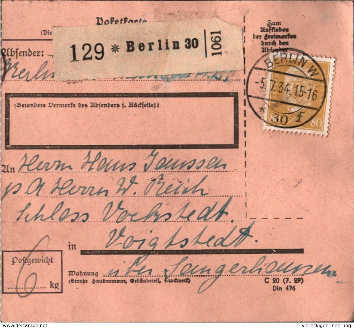 ! 1934 Paketkarte Berlin W30, Nach Voigtstedt Bei Sangerhausen, Deutsches Reich - Briefe U. Dokumente