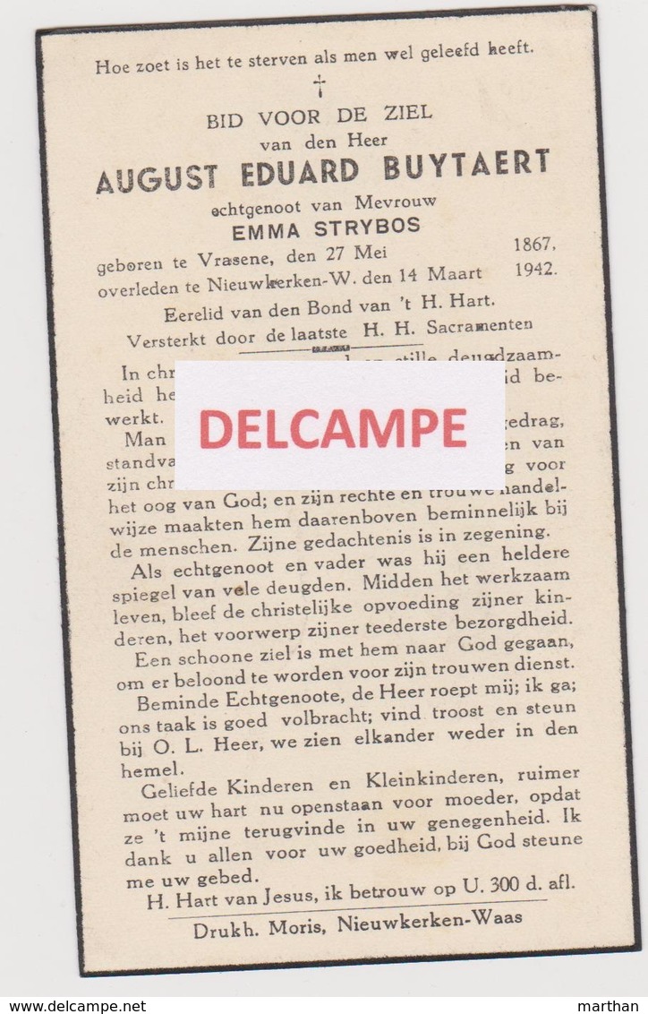 DOODSPRENTJE BUYTAERT AUGUST ECHTGENOOT STRYBOS VRASENE NIEUWKERKEN-WAAS 1867 - 1942  Bewerkt Tegen Kopieren - Images Religieuses