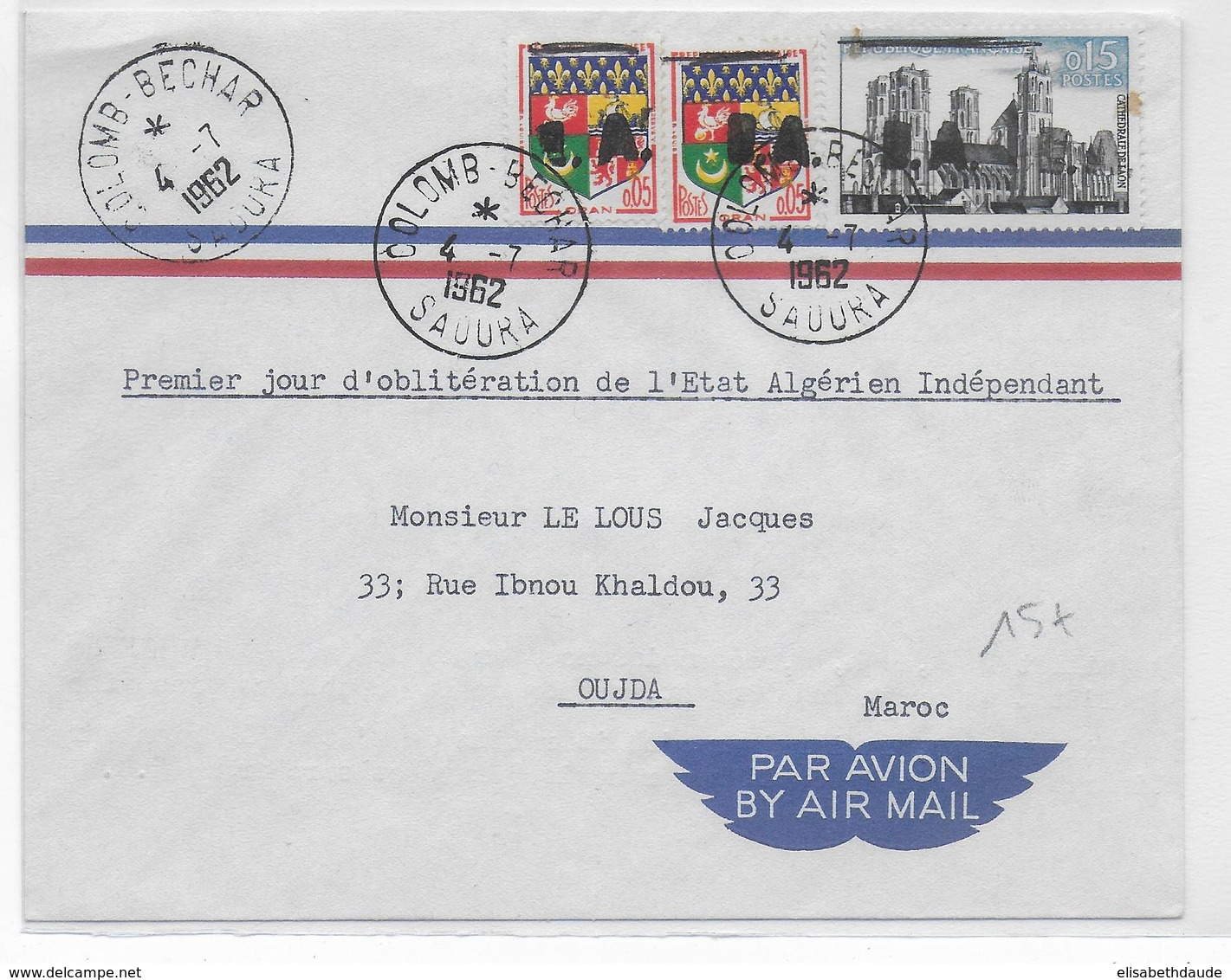 ALGERIE - 1962 - TIMBRES De FRANCE SURCHARGES EA Sur ENVELOPPE De COLOMB-BECHAR "1° JOUR INDEPENDANCE" => OUDJA - Algeria (1962-...)