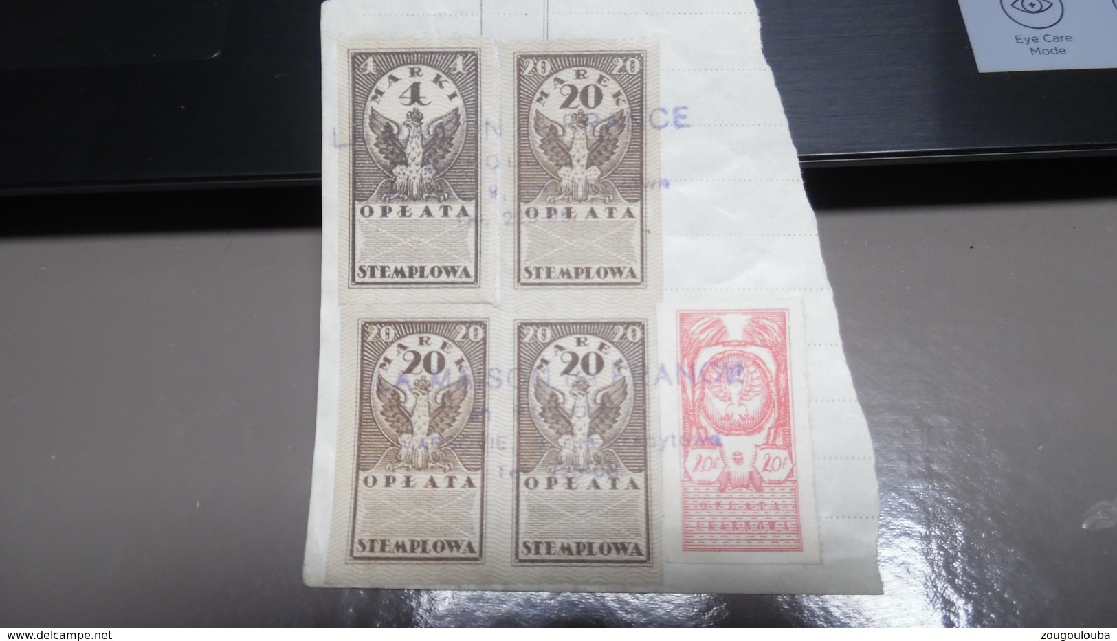 Pologne Timbre Fiscaux Revenue 1920 Cachet La Maison De France En Pologne Varsovie Zaplacono - Revenue Stamps