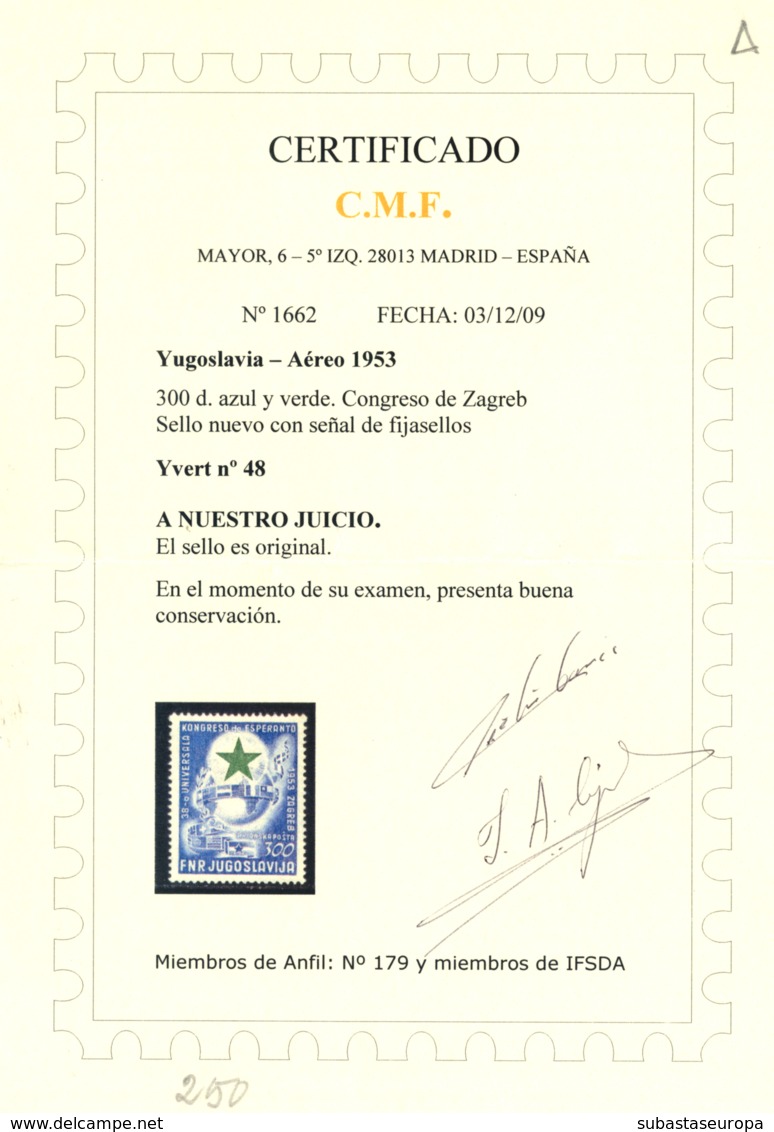 YUGOSLAVIA. * Av. 48. Invisible Señal De Fijasellos. Certificado CMF. Cat. 250 €. - Luchtpost