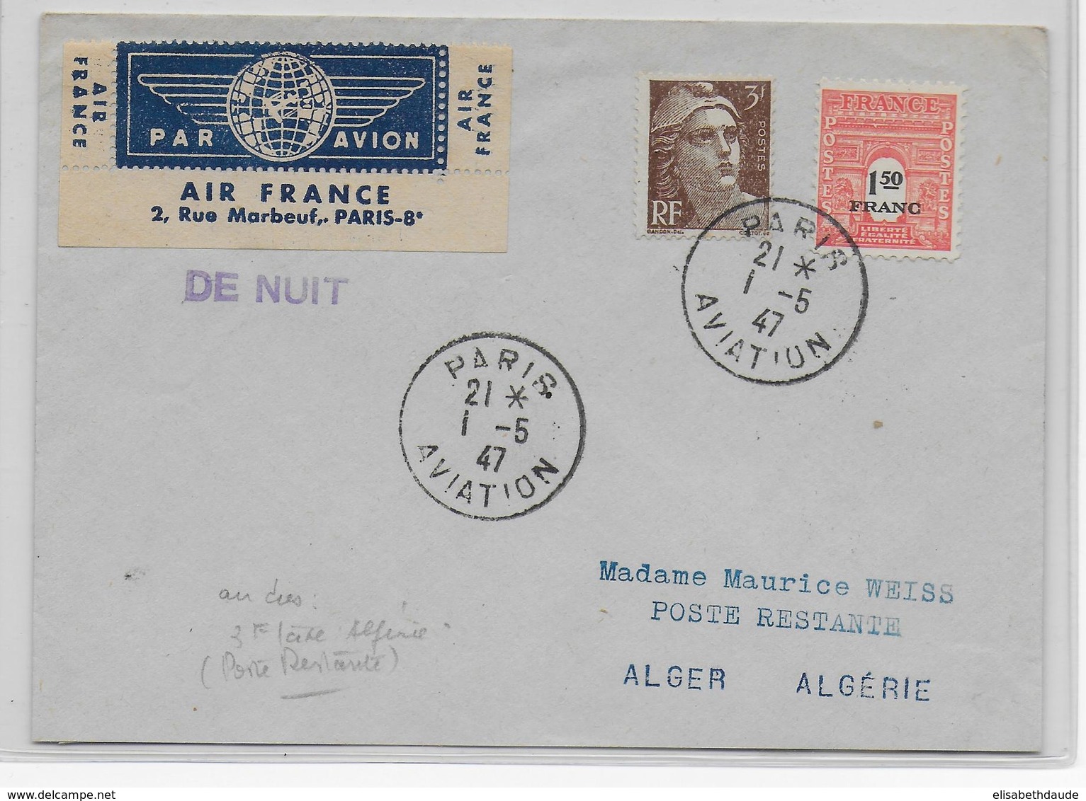 1947 - ENVELOPPE De PARIS AVIATION Par AVION De NUIT => ALGER  POSTE RESTANTE Avec TAXE ALGERIE AU DOS ! - 1960-.... Briefe & Dokumente