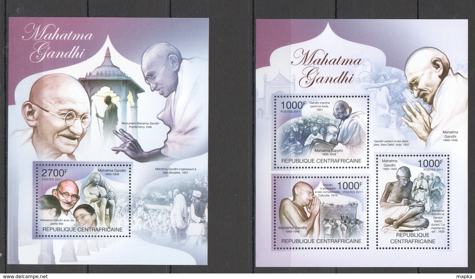 CA1004 2011 CENTRAL AFRICA CENTRAFRICAINE FAMOUSE PEOPLE GREAT HUMANIST MAHATMA GANDHI 1KB+1BL MNH - Mahatma Gandhi