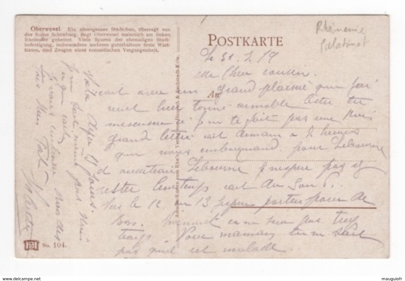 DF / ALLEMAGNE / RHÉNANIE-PALATINAT / OBERWESEL / VUE GENERALE / TABLEAU / 1919 - Oberwesel