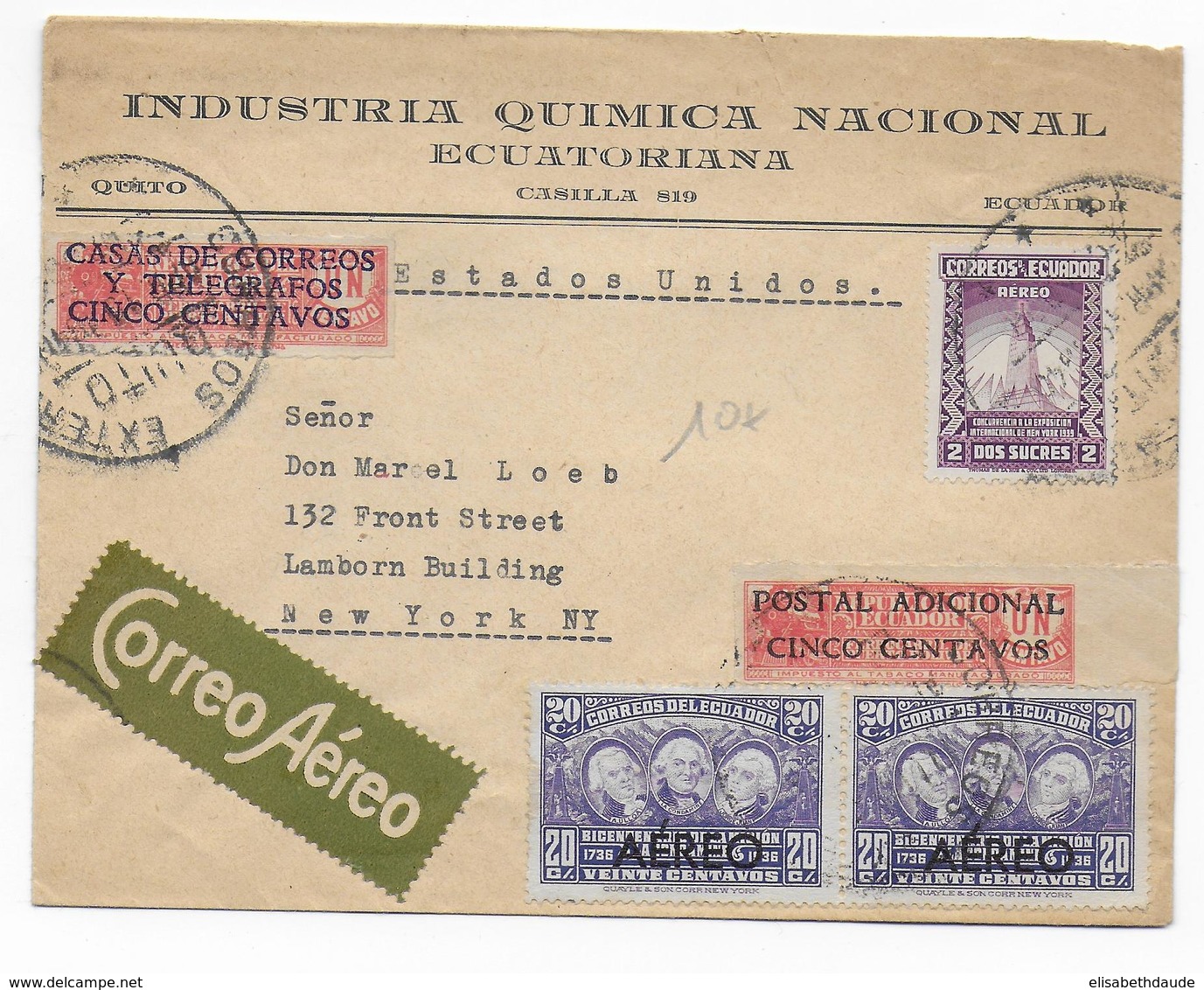 ECUADOR - 1940 - ENVELOPPE Par AVION De QUITO => NEW YORK (USA) - Ecuador
