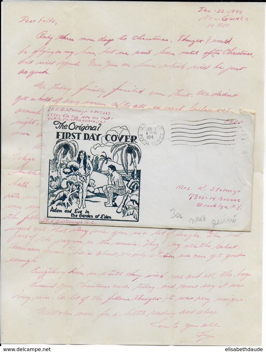 NEW GUINEA - 1 JANVIER 1943 ! - ENVELOPPE FREE US ARMY APO 713 => USA - Papua New Guinea