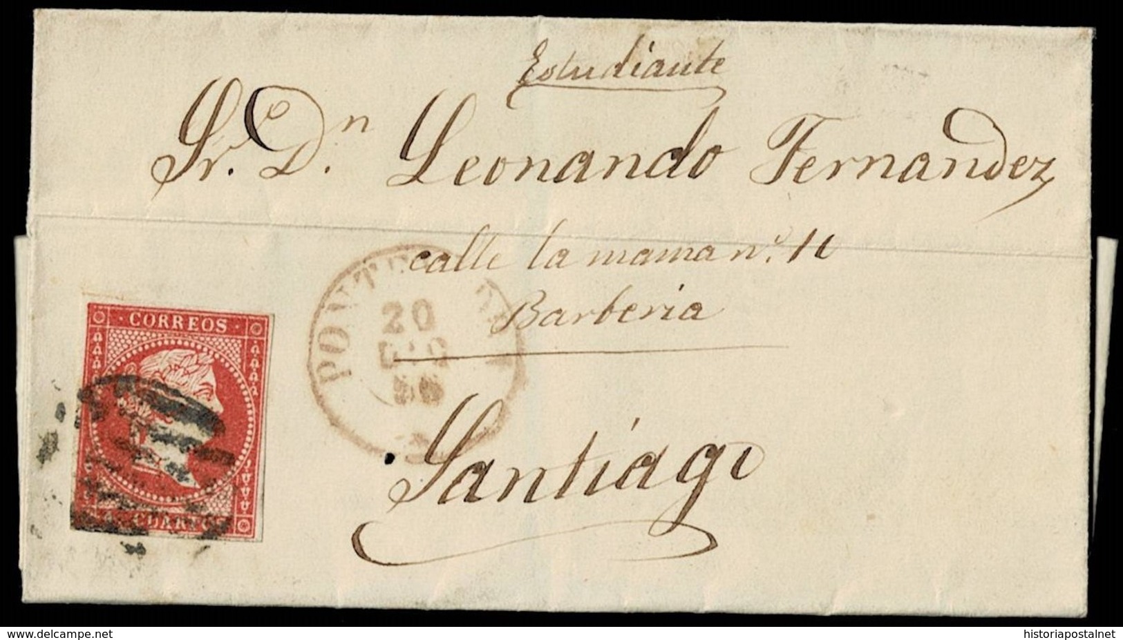 1855. PONTEVEDRA A SANTIAGO. 4 CUARTOS ROJO INTENSO ED. 48 VARIEDAD TONALIDAD. FECHADOR TIPO I. BONITA ENVUELTA. - Lettres & Documents