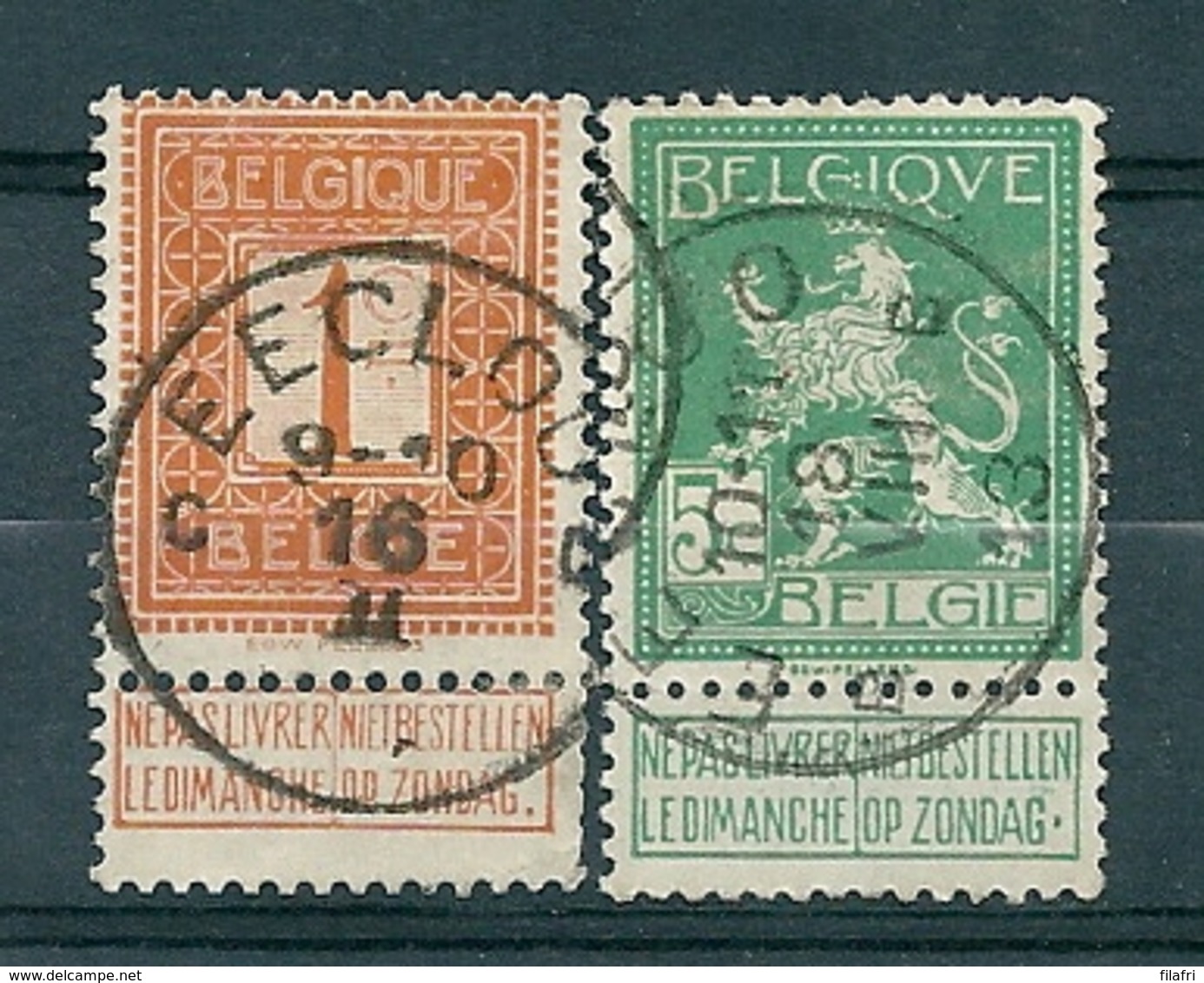 108 + 110 Gestempeld EECLOO - COBA 8 Euro - 1912 Pellens