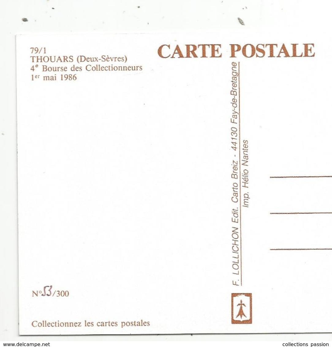 Cp, Bourses & Salons De Collections, 4 E Bourse Des Collectionneurs,1986 , THOUARS , 2 Scans ,vierge - Borse E Saloni Del Collezionismo