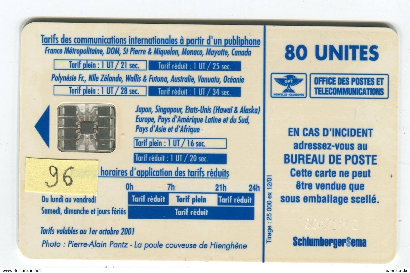 Telecarte °_ N-Calédonie-96-La Poule Couveuse-80 U-Sc7-12.01- R/V 1070 ° LUXE - Neukaledonien